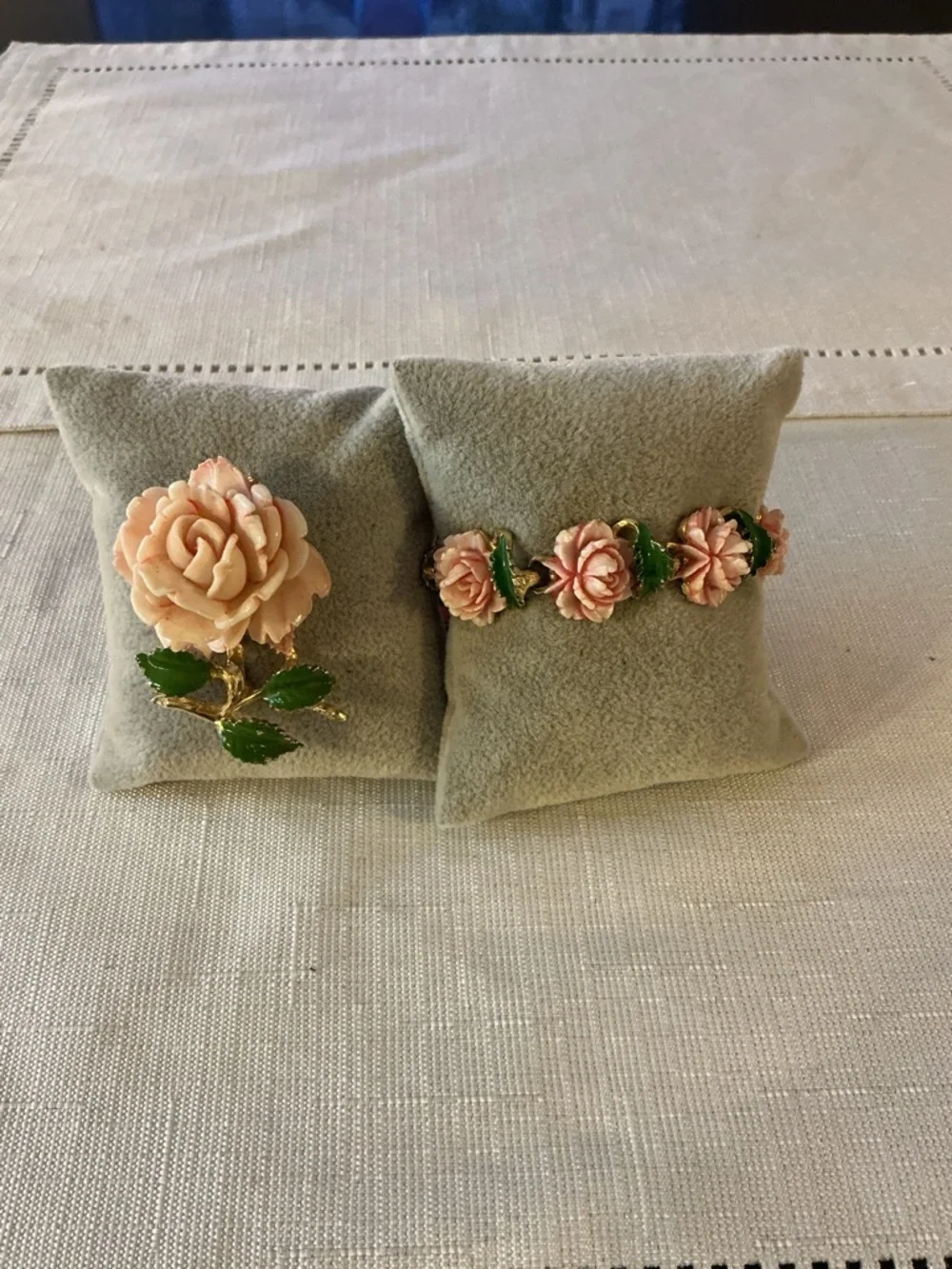 Pink Rose Thermoplastic Vintage Gold Tone Brooch and Bracelet